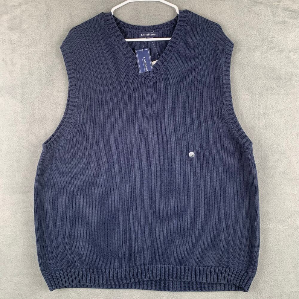 Lands’ End Men’s  Navy Cotton V-Neck Sweater Vest XL NWT Indie‎ Academia Preppy